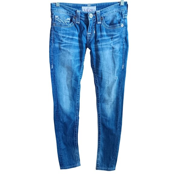 Womens Jeans Big Star 26R Jenae Blue Denim Jeans Distress Embroidered Skinny - Picture 2 of 7